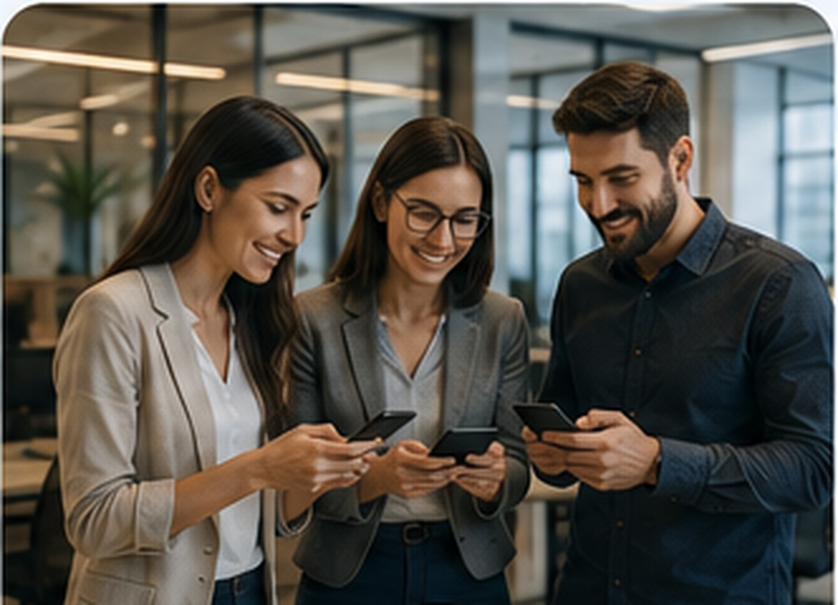 Gruppo di colleghi in ufficio che si scambiano messaggi con lo smartphone