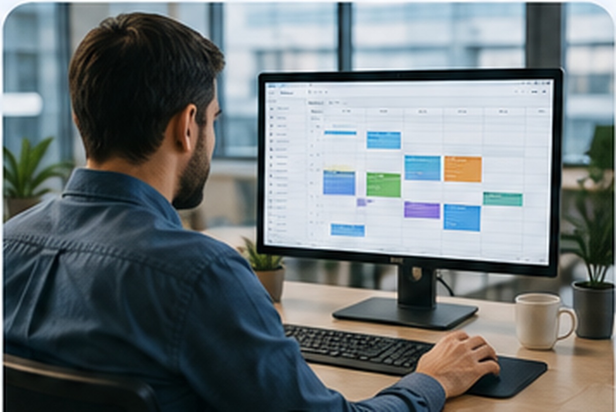 Uomo ripreso di spalle davanti a un monitor con calendario di appuntamenti