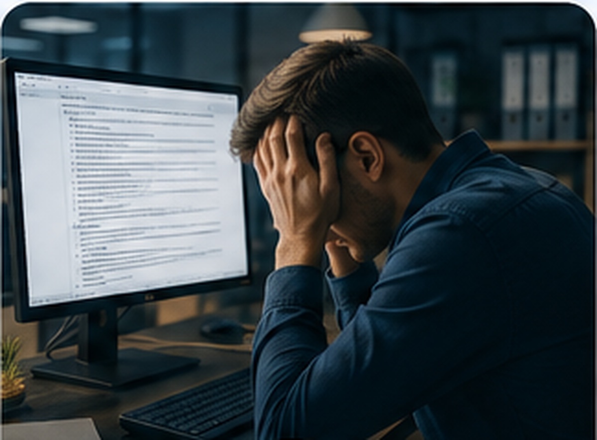 Amministratore di rete stanco davanti a istruzioni complesse visualizzate sul monitor